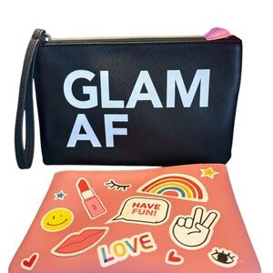 Black 'GLAM AF' Clutch with Pink Sticker Pouch Ipsy cosmetic wristlet pouches